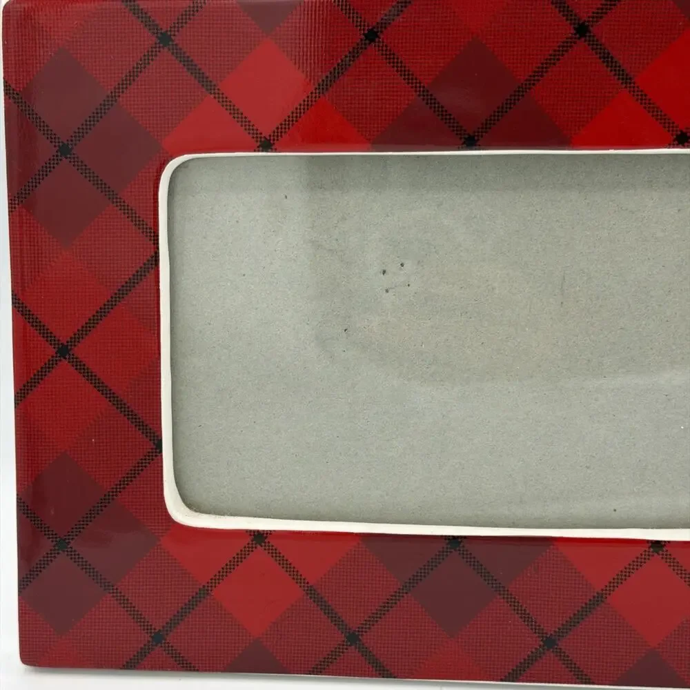 Bath & Body Works Christmas Plaid Picture Photo Frame 4x6 Red Ceramic Argyle
